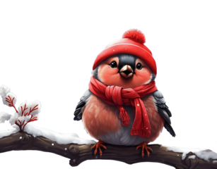 Cute Bullfinch in a Red Hat Sitting on a Branch with Falling Snowflakes Around