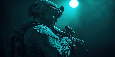 A tactical soldier stands ready, showcasing bravery in a dark environment with focused determination and high-tech gear.