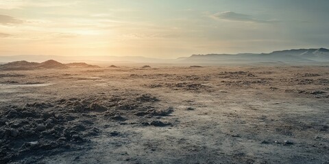 Obraz premium A tranquil landscape showcasing an expansive terrain under a soft sunset, highlighting nature's serene beauty and vastness.