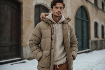 Obraz premium In the Winter Light. Man in Beige Cream Down Jacket with Hands in Pockets