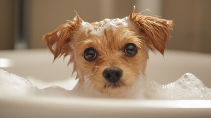 Cute puppy in a bathtub with soap foam and bubbles