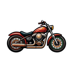 Illustration of a red custom cruiser motorcycle with extended fenders, a  cruiser mo.