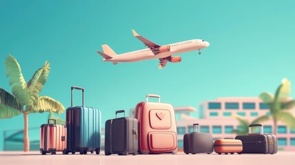 Travel and tourism concept, ravel bag with plane, Airplane flying above tourists luggage, Illustrator Artwork