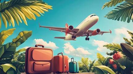 Naklejka premium Travel and tourism concept, ravel bag with plane, Airplane flying above tourists luggage, Illustrator Artwork