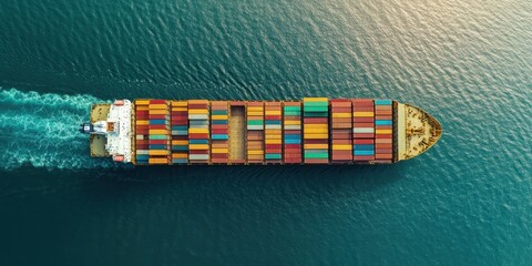 Aerial view of a cargo ship transporting colorful containers across tranquil waters, showcasing maritime logistics and trade.