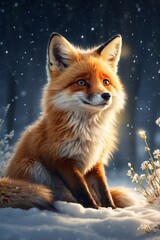 Fototapeta premium Cute Fluffy Fox Cub Lying on Sparkling Snow Among Snowflakes and Shimmering Lights