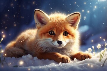 Obraz premium Cute Fluffy Fox Cub Lying on Sparkling Snow Among Snowflakes and Shimmering Lights