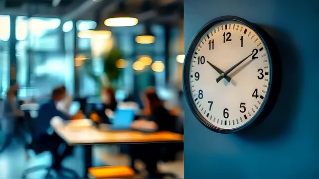 Large wall clock in an office, with people working on laptops blurred in the background, typical office environment, time management, professional workspace