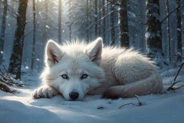 Obraz premium Charming Winter Wolf Pup. Cute Fluffy White Wolf Pup Nestled in a Snowy Forest