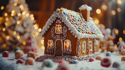 Naklejka premium Decorating homemade gingerbread houses with icing, candy, and sprinkles, perfect for Christmas gifting. 4K hyperrealistic photo.