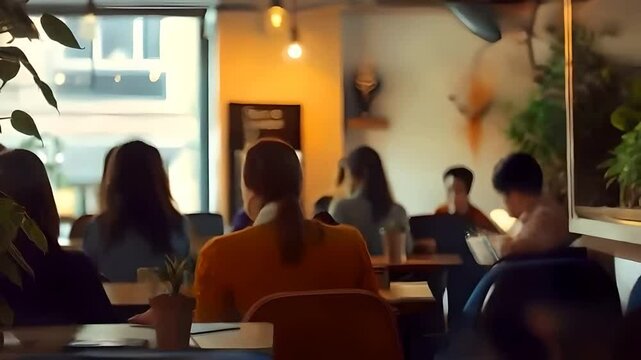 Blurred view of a presenter with people at the office listening to a presentation, audience focused on the speaker, professional setting, office presentation, business meeting