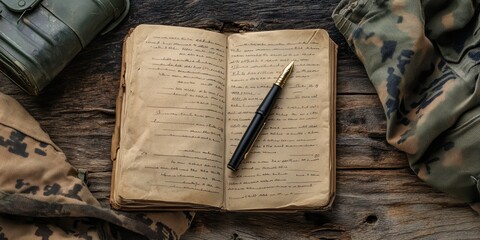 An open vintage notebook with handwritten pages and a black pen, surrounded by military gear on a rustic wooden surface.