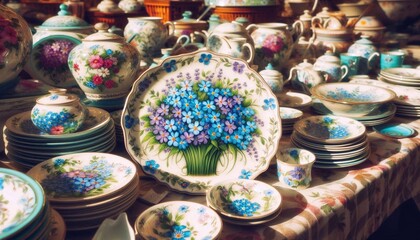 italienische T&ouml;pferwaren mit einem Vergissmeinnicht Motiv auf einem Markt in Italien