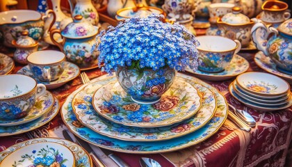 italienische T&ouml;pferwaren mit einem Vergissmeinnicht Motiv auf einem Markt in Italien