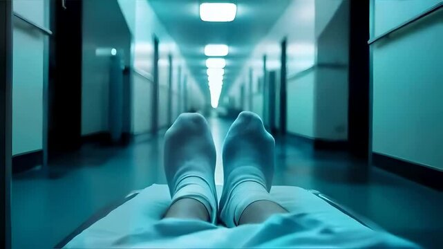 Hospital bed seen from a person lying down, white blanket covering legs, socks visible, long hallway in view, patient perspective, hospital interior, medical setting