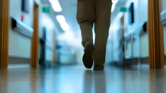 Close-up of a man feet in khaki slacks walking down a hospital hallway, moving along a clean floor, focused on patient care, hospital environment