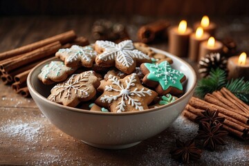 Fototapeta premium Beautiful Bowl of Christmas Cookies and Cinnamon Against a Winter Landscape