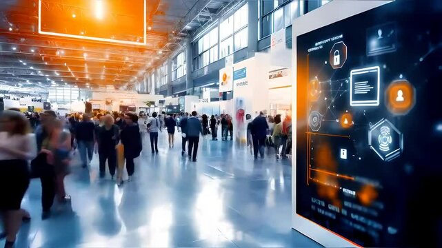 Business fair with a blurred crowd walking around a conference center, busy event, attendees exploring booths, lively atmosphere