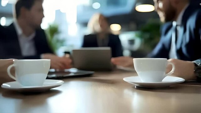 Close-up of hands on a table during an office meeting, with business people in suits behind, a laptop, and coffee cups between them, blurred background
