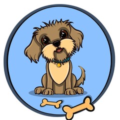 Small and sweet puppy dog ​​on a light blue background with a round frame decorated with bones of various sizes