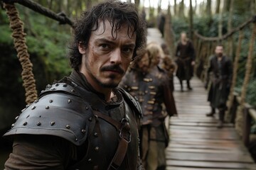 Obraz premium In a fantasy world, a strong brave warrior stands in a mysterious forest