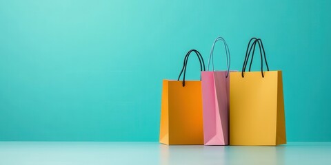 Colorful shopping bags arranged on a sleek surface against a vibrant teal background, perfect for retail and commerce themes.