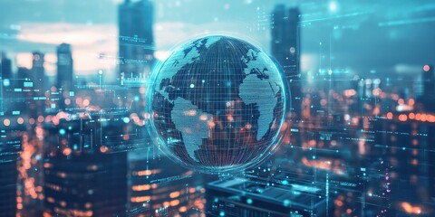 Futuristic city skyline with a digital globe overlay, representing global connectivity and technology advancements.
