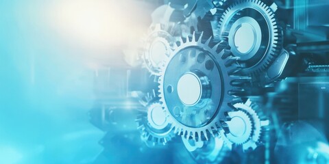 Futuristic close-up of metallic gears, showcasing intricate design and innovative technology in a blue and bright environment.