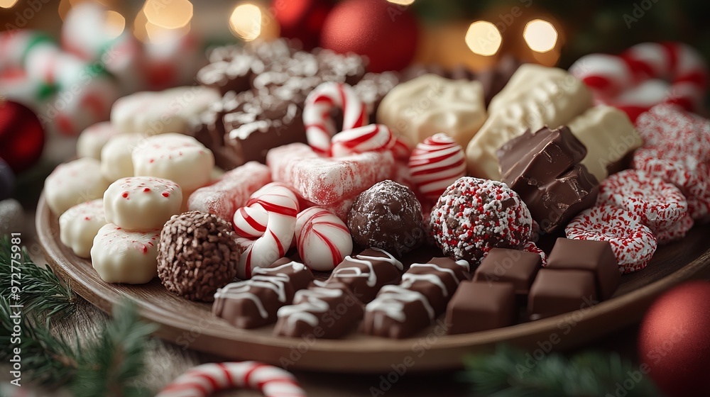 Wall mural christmas sweets like peppermint bark, candy canes, and chocolate truffles, arranged on a festive pl