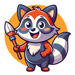 A playful sticker illustration of a mischievous raccoon with a paintbrush