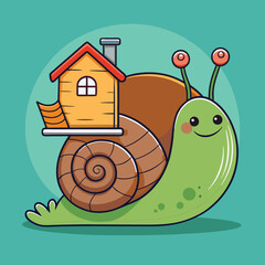 A quirky, animated sticker of a cute snail carrying a tiny house on its back
