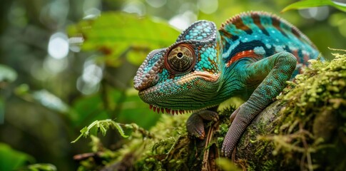 Obraz premium Vibrant chameleon resting on a mossy branch in a lush green forest, showcasing its colorful scales and unique textures