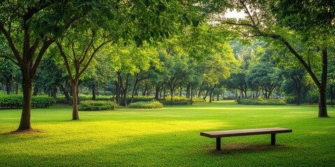 Serene green park featuring lush trees and a wooden bench, perfect for relaxation and nature appreciation.