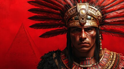 Aztec warrior before pyramid