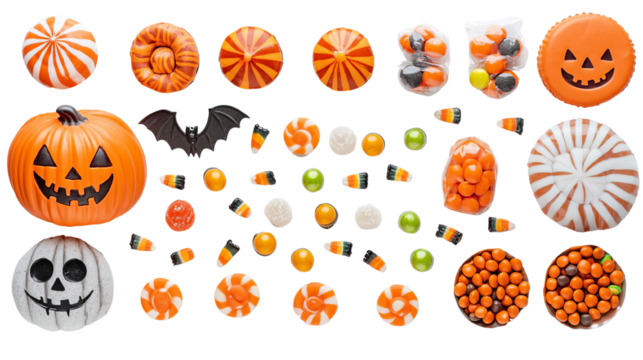 Colorful Halloween decorations featuring pumpkins, candy, and spooky motifs perfect for festive celebrations.