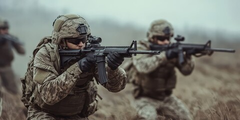 Fototapeta premium Soldiers in combat gear aiming rifles in a foggy field, showcasing military readiness and teamwork in tactical operations.