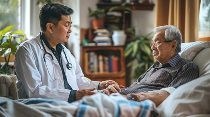 Obraz premium A doctor is attentively examining an elderly patient in cozy home setting, conveying care and concern. patient appears to be receiving support during health challenge