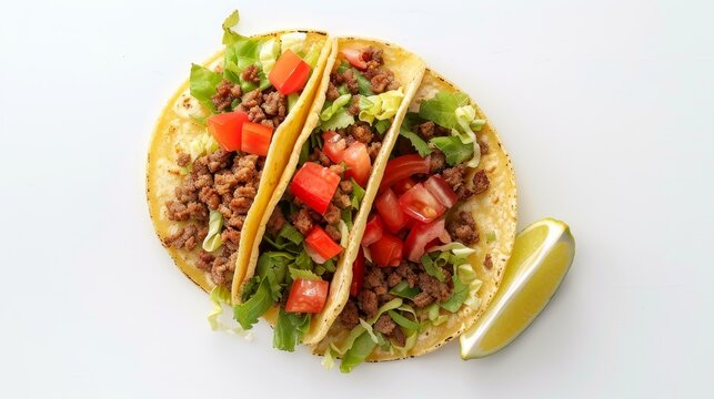 Two Crunchy Tacos with Ground Beef, Lettuce, and Tomatoes, White Background, Food Photography, Tacos, Mexican Food