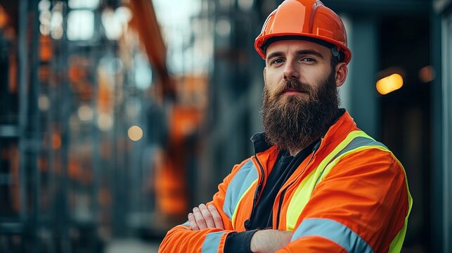 A bearded construction worker wearing a hard hat and orange safety gear stands confidently with arms crossed, ready for work, exuding preparedness and capability