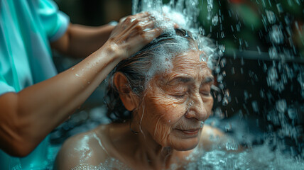 Caring for elderly individuals is profound act of love and compassion. This image captures caregiver gently washing hair of an elderly Asian woman, showcasing intimate bond and care involved in assist