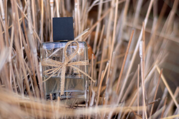 Autumn background with Glass perfume bottle, autumn dry grass, leaves, tied with a rustic gift ribbon, autumn decor, sale, presentation
