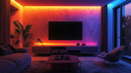 modern living room illuminated wtih vibrant led effect light for watching movies or playing games