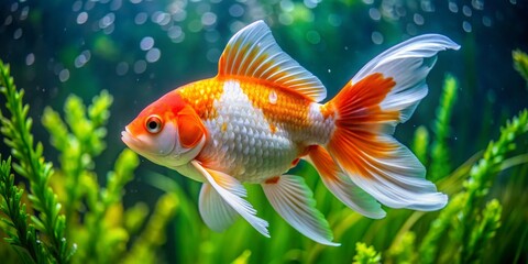 Vibrant orange and white Ranchu fish with elaborate fins and tail swims in a serene aquarium surrounded by