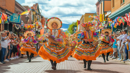 Fototapeta premium A vibrant street parade with participants wearing traditional Hispanic costumes, dancing and playing instruments, surrounded by colorful decorations and cheering spectators