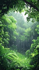 Fototapeta premium Serene Cartoon Forest Scene with Gentle Rainfall and Lush Greenery