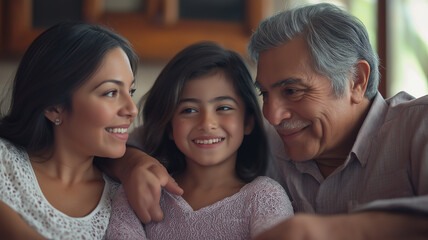 Obraz premium Portrait of three generations of a Hispanic family gathered together in a cozy living room, each person smiling and showing love and connection, symbolizing family heritage and unity