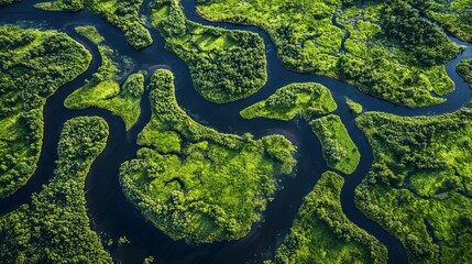 Obraz premium Birdâ€™s-eye view of a winding river delta, with multiple channels flowing through a lush, green landscape, creating intricate patterns. 4K hyperrealistic photo.