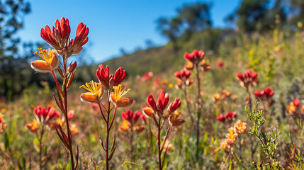 A field of kangaroo paws in a natural Australian setting, displaying their distinctive paw-like flowers 