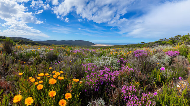 A panoramic view of a coastal Australian heathland with low-growing shrubs and colorful wildflowers 