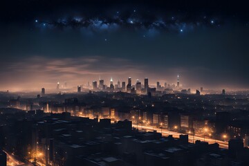 Fototapeta premium A silhouette of a city skyline beneath a sky full of stars with glowing streetlights, Ai Generated